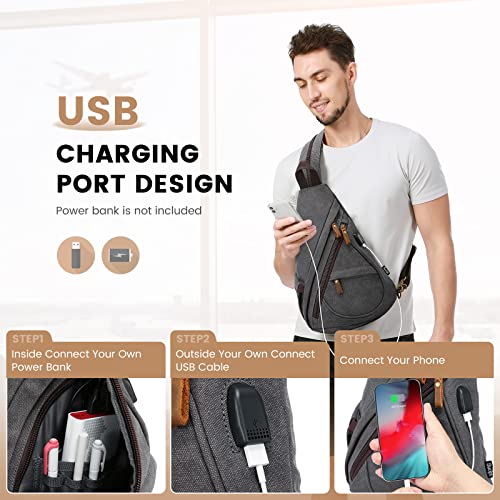 Sucipi Canvas Sling Bag for Women Sling Backpack Lightweight Crossbody Shoulder Bag for Men Small Backpack for Hiking Travel Cycling Walking USB Charger Port Dark Grey