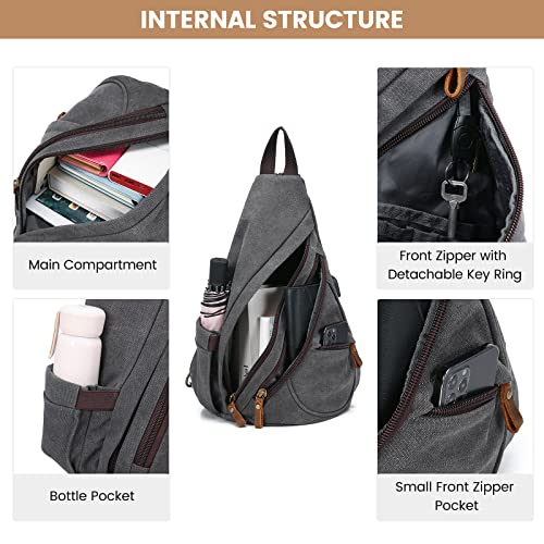 Sucipi Canvas Sling Bag for Women Sling Backpack Lightweight Crossbody Shoulder Bag for Men Small Backpack for Hiking Travel Cycling Walking USB Charger Port Dark Grey