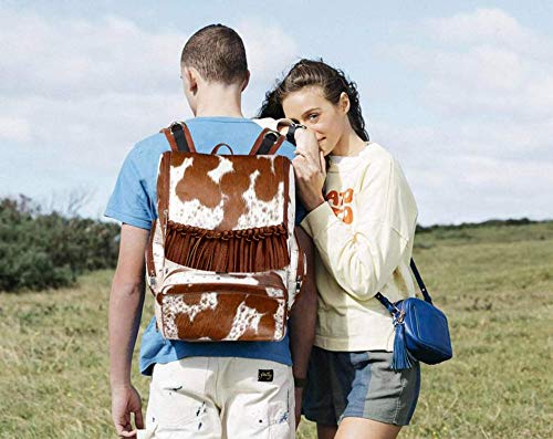 LP-FACON Cowhide Hair Print Fur Leather Fringe Diaper Backpack Rucksack/Knapsack Travel Shoulder Bag Brown