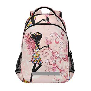 butterfly fairy girl backpack for boys girls, pink flowers schoolbag elementary school bookbag daypack rucksack