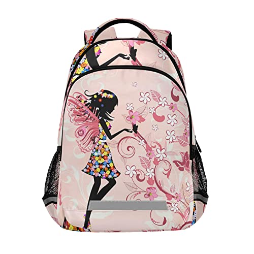 Butterfly Fairy Girl Backpack for Boys Girls, Pink Flowers Schoolbag Elementary School Bookbag Daypack Rucksack