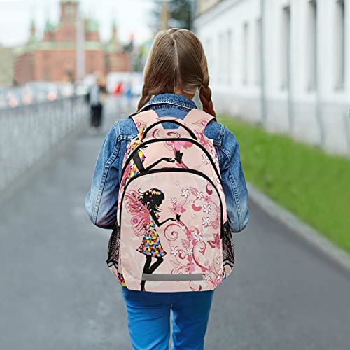 Butterfly Fairy Girl Backpack for Boys Girls, Pink Flowers Schoolbag Elementary School Bookbag Daypack Rucksack