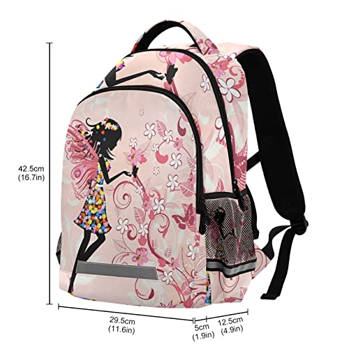 Butterfly Fairy Girl Backpack for Boys Girls, Pink Flowers Schoolbag Elementary School Bookbag Daypack Rucksack