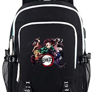 Roffatide Anime Demon Slayer Backpack for Boys Printed Schoolbag Laptop Rucksack with USB Charging Port & Headphone Port Black