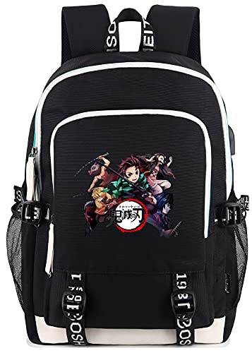 Roffatide Anime Demon Slayer Backpack for Boys Printed Schoolbag Laptop Rucksack with USB Charging Port & Headphone Port Black