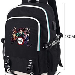 Roffatide Anime Demon Slayer Backpack for Boys Printed Schoolbag Laptop Rucksack with USB Charging Port & Headphone Port Black