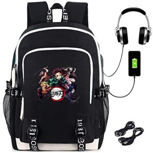 Roffatide Anime Demon Slayer Backpack for Boys Printed Schoolbag Laptop Rucksack with USB Charging Port & Headphone Port Black