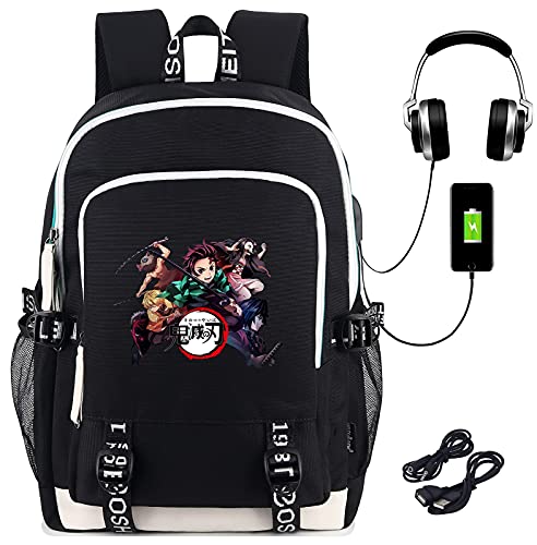 Roffatide Anime Demon Slayer Backpack for Boys Printed Schoolbag Laptop Rucksack with USB Charging Port & Headphone Port Black