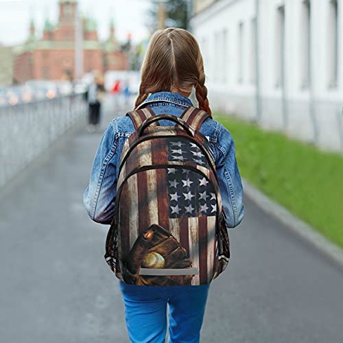 xigua Baseball USA Flag Print Backpack Casual Daypacks Outdoor Sports Rucksack School Shoulder Bag for Boys Girls Teens