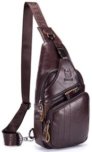 bullcaptain men sling chest bag genuine leather casual multipurpose crossbody shoulder backpack travel hiking daypack (brown)