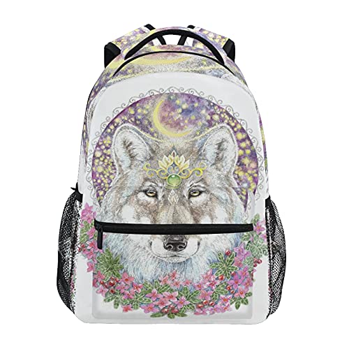 ALAZA Wolf Head Moon Wreath of Flowers Unisex Schoolbag Travel Laptop Bags Casual Daypack Book Bag