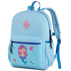 kasqo kids backpack, 14" toddler backpack for little boys and girls kindergarten preschool bookbag with chest strap, blue mermaid