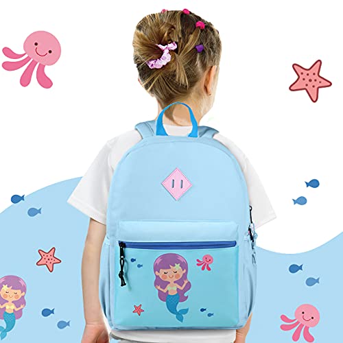 Kasqo Kids Backpack, 14" Toddler Backpack for Little Boys and Girls Kindergarten Preschool Bookbag With Chest Strap, Blue Mermaid