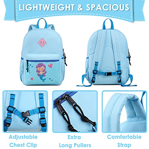 Kasqo Kids Backpack, 14" Toddler Backpack for Little Boys and Girls Kindergarten Preschool Bookbag With Chest Strap, Blue Mermaid