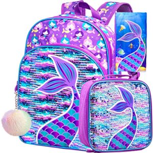 agsdon 3pcs kids backpacks for girls, 16" little kid mermaid sequin preschool school bookbag and lunch box
