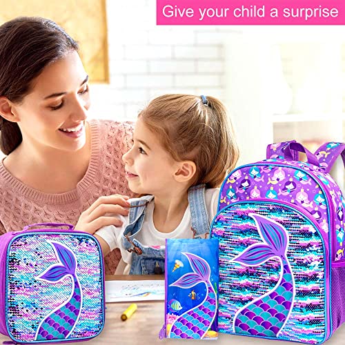 AGSDON 3PCS Kids Backpacks for Girls, 16" Little Kid Mermaid Sequin Preschool School Bookbag and Lunch Box