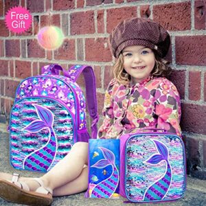 AGSDON 3PCS Kids Backpacks for Girls, 16" Little Kid Mermaid Sequin Preschool School Bookbag and Lunch Box