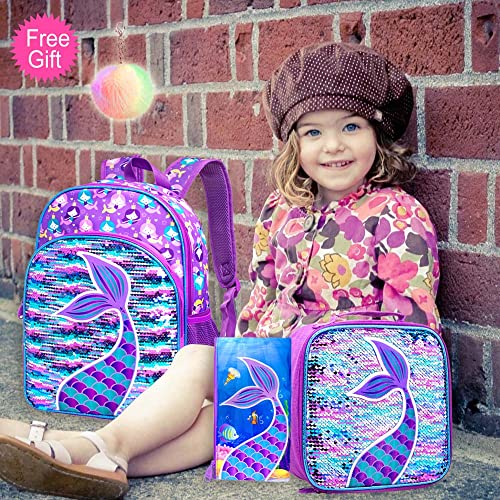 AGSDON 3PCS Kids Backpacks for Girls, 16" Little Kid Mermaid Sequin Preschool School Bookbag and Lunch Box