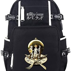 Roffatide Anime The Promised Neverland Backpack Printed Schoolbag Laptop Daypack with USB Charging Port & Headphone Port Black