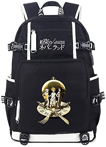 Roffatide Anime The Promised Neverland Backpack Printed Schoolbag Laptop Daypack with USB Charging Port & Headphone Port Black