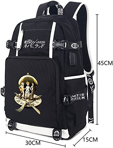 Roffatide Anime The Promised Neverland Backpack Printed Schoolbag Laptop Daypack with USB Charging Port & Headphone Port Black