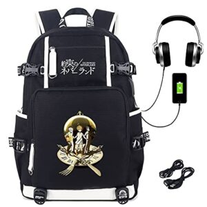 Roffatide Anime The Promised Neverland Backpack Printed Schoolbag Laptop Daypack with USB Charging Port & Headphone Port Black