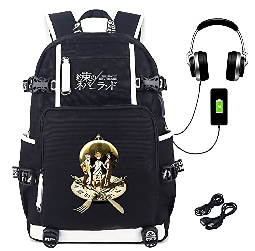 Roffatide Anime The Promised Neverland Backpack Printed Schoolbag Laptop Daypack with USB Charging Port & Headphone Port Black