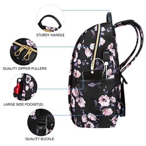 KROSER Laptop Backpack 15.6 Inch lightweight College Backpack Water-Repellent Casual Daypack with USB Charging Port for Women/Travel/Business-Rose Pattern