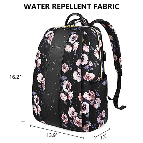 KROSER Laptop Backpack 15.6 Inch lightweight College Backpack Water-Repellent Casual Daypack with USB Charging Port for Women/Travel/Business-Rose Pattern