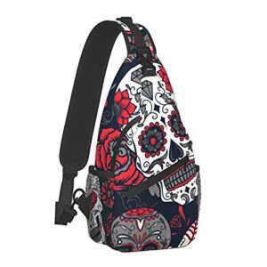 loquehv day dead colorful sugar skull floral sling backpack chest bag waterproof crossbody shoulder bag, lightweight travel hiking daypack for men women bike sport multicolor one size