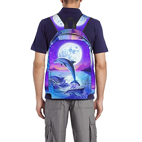 KiuLoam 17 Inch Backpack Dolphin Jumping Under Moonlight Laptop Backpack Shoulder Bag School Bookbag Casual Daypack