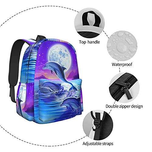 KiuLoam 17 Inch Backpack Dolphin Jumping Under Moonlight Laptop Backpack Shoulder Bag School Bookbag Casual Daypack