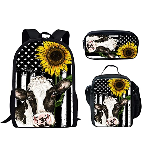 Howilath Cow Sunflower US Flag Teens Backpack Set Girls School Bags, 17 Inch Student Backpack Bookbags Set Vintage School Bag with Pencil Case Lunch Box