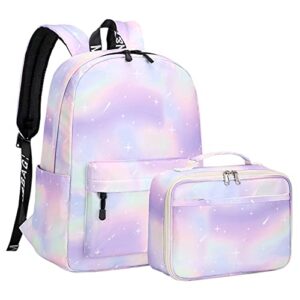 lohol galaxy school backpack with lunch box, lightweight bookbag set for girls kids （purple&green）