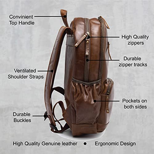 Teakwood Genuine Leather Backpack 15.6 Inch Travel Laptop Bag Casual Shoulder Vintage Daypack For Men and Women (Brown)