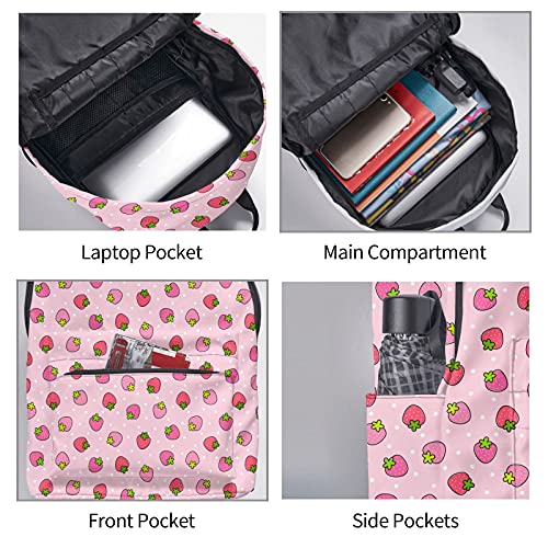 FeHuew 16 inch backpack Pink Strawberry Laptop Backpack Full Print School Bookbag Shoulder Bag for Travel Daypack