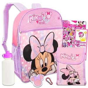 disney minnie mouse backpack for girls, kids ~ 5 pc bundle with 16" minnie school bag, water bottle and stickers | minnie mouse school supplies.