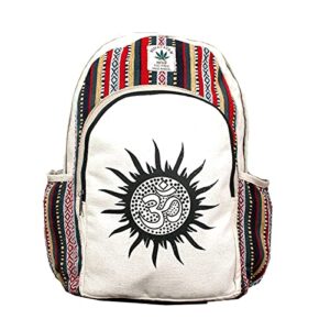 vibranic himalayan hemp laptop backpack - thc free - 13”/15” laptop compartment - all natural handmade - multi-pocket - multi stripe om print - made in nepal