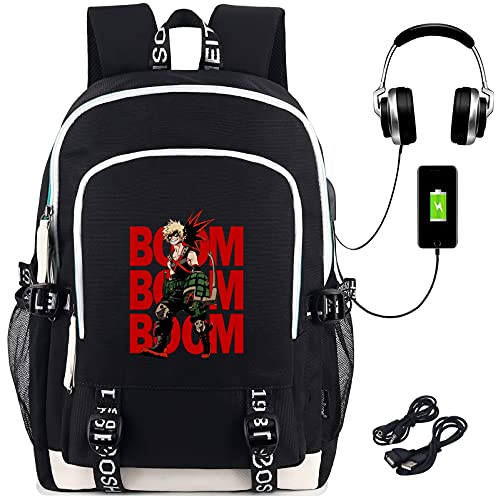 Roffatide Anime My Hero Academia Bakugo Boom Boom Boom Laptop Backpack with USB Charging Port & Headphone Port