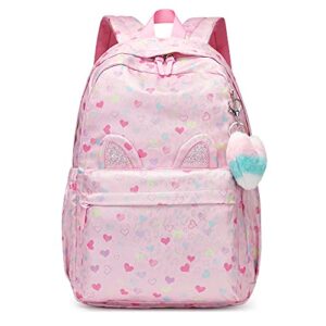 kid backpack for girls and boys -18-inch lightweight, spacious, waterproof school backpack bag with heart design cute heart-shaped pendant and cat ears toddlers backpack for ages 6+ and above(pink)