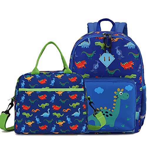 VONXURY Cute Lightweight Toddler Preschool Backpack and Insulated Lunch Bag for Boys,Blue Dinosaur