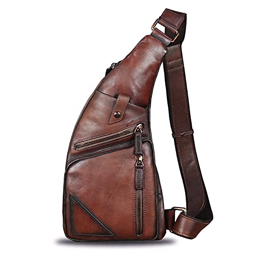 Genuine Leather Sling Bag for Men Vintage Handmade Crossbody Daypack Hiking Backpack Retro Crossbody Shoulder Bag (LightCoffee)