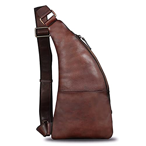 Genuine Leather Sling Bag for Men Vintage Handmade Crossbody Daypack Hiking Backpack Retro Crossbody Shoulder Bag (LightCoffee)