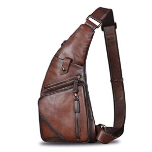 Genuine Leather Sling Bag for Men Vintage Handmade Crossbody Daypack Hiking Backpack Retro Crossbody Shoulder Bag (LightCoffee)