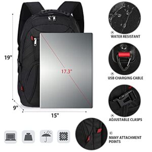 DAHONGPAO Laptop Backpack Large 17 Inch Anti Theft TSA Friendly Travel Backpack with USB Charging Port Waterproof College 17in Gaming Backpack for Men & Women Computer Bag For 17.3 Inch Laptop, Black