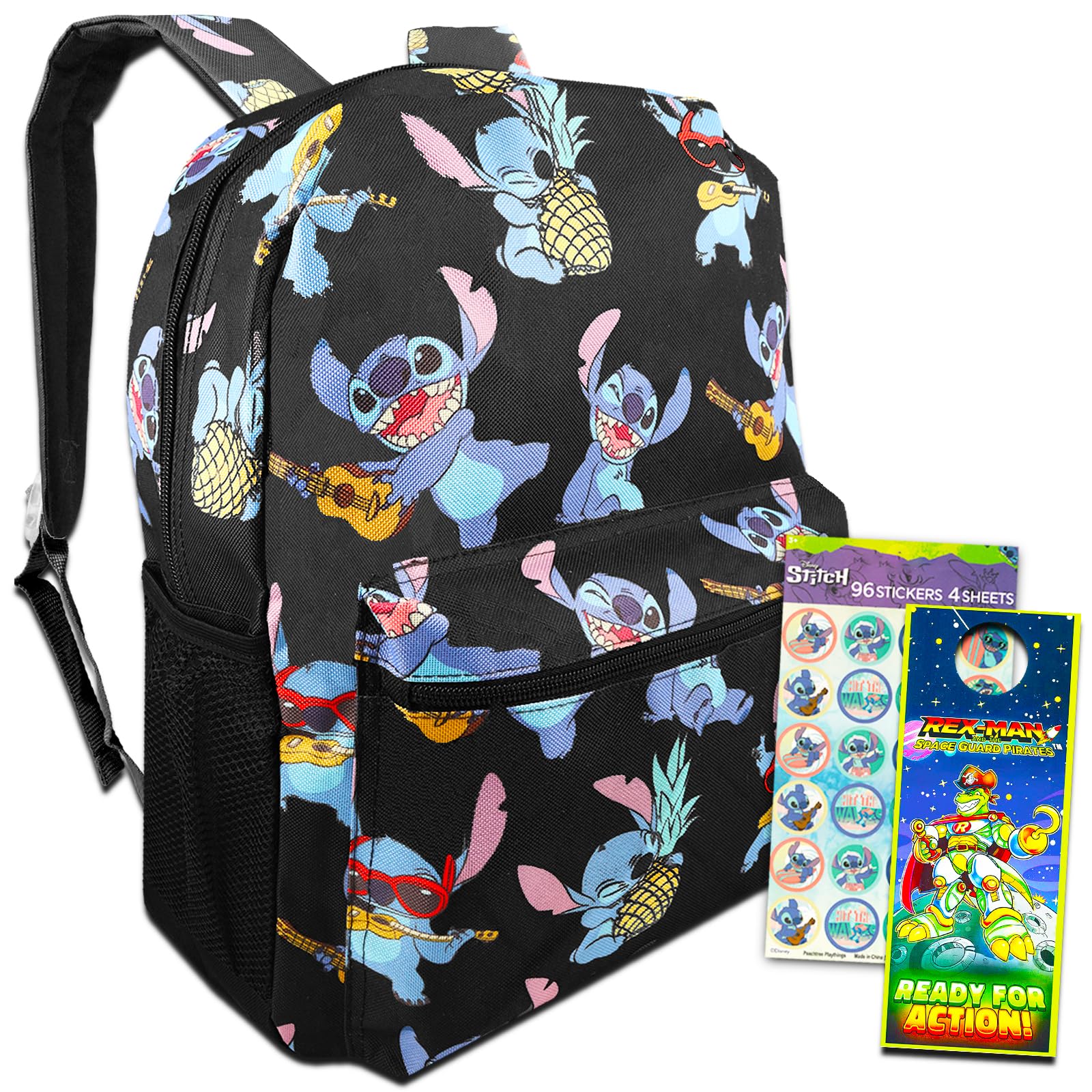 Disney Lilo And Stitch School Backpack For Kids ~ 3 Pc Bundle With 16" Stitch School Bag, Stitch Stickers, And Door Hanger For Boys And Girls | Stitch School Supplies Set