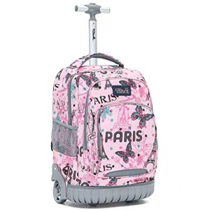 new tilami rolling backpack for kids, cute 18 inches boys wheeled laptop backpack for girls travel school student trip bag, pink paris