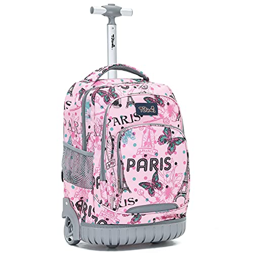 NEW TILAMI Rolling Backpack for Kids, Cute 18 Inches Boys Wheeled Laptop Backpack for Girls Travel School Student Trip Bag, Pink Paris