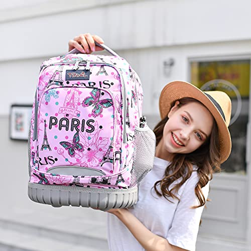 NEW TILAMI Rolling Backpack for Kids, Cute 18 Inches Boys Wheeled Laptop Backpack for Girls Travel School Student Trip Bag, Pink Paris