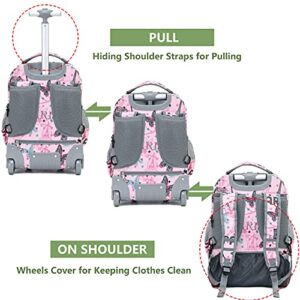 NEW TILAMI Rolling Backpack for Kids, Cute 18 Inches Boys Wheeled Laptop Backpack for Girls Travel School Student Trip Bag, Pink Paris